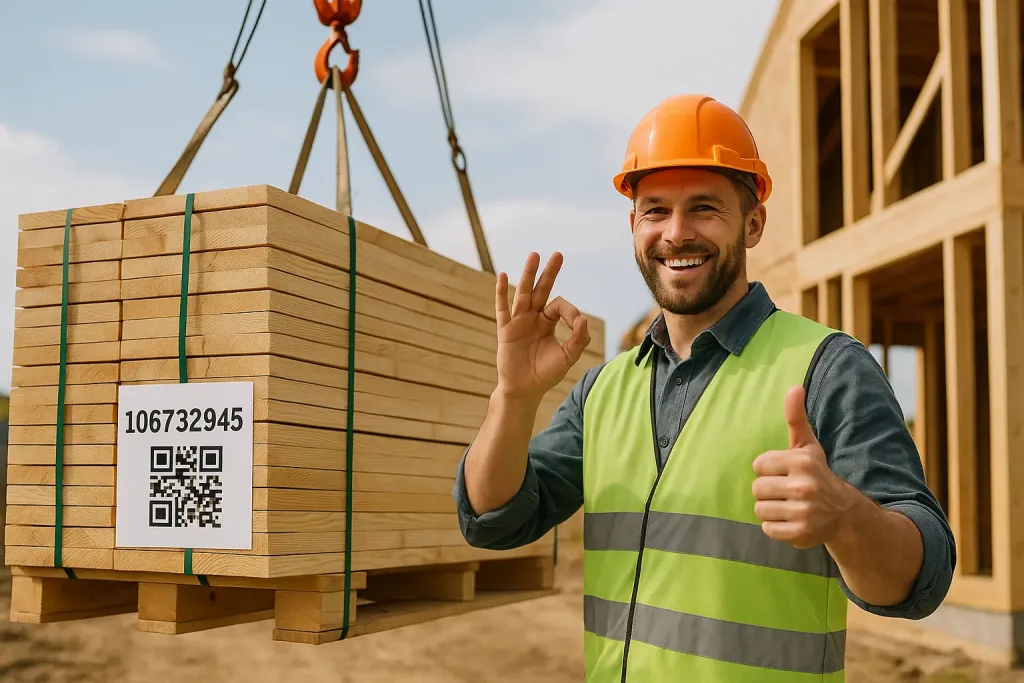 разгрузка пиломатериалов краном на стройке