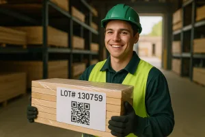 сотрудник проверяет качество пиломатериалов